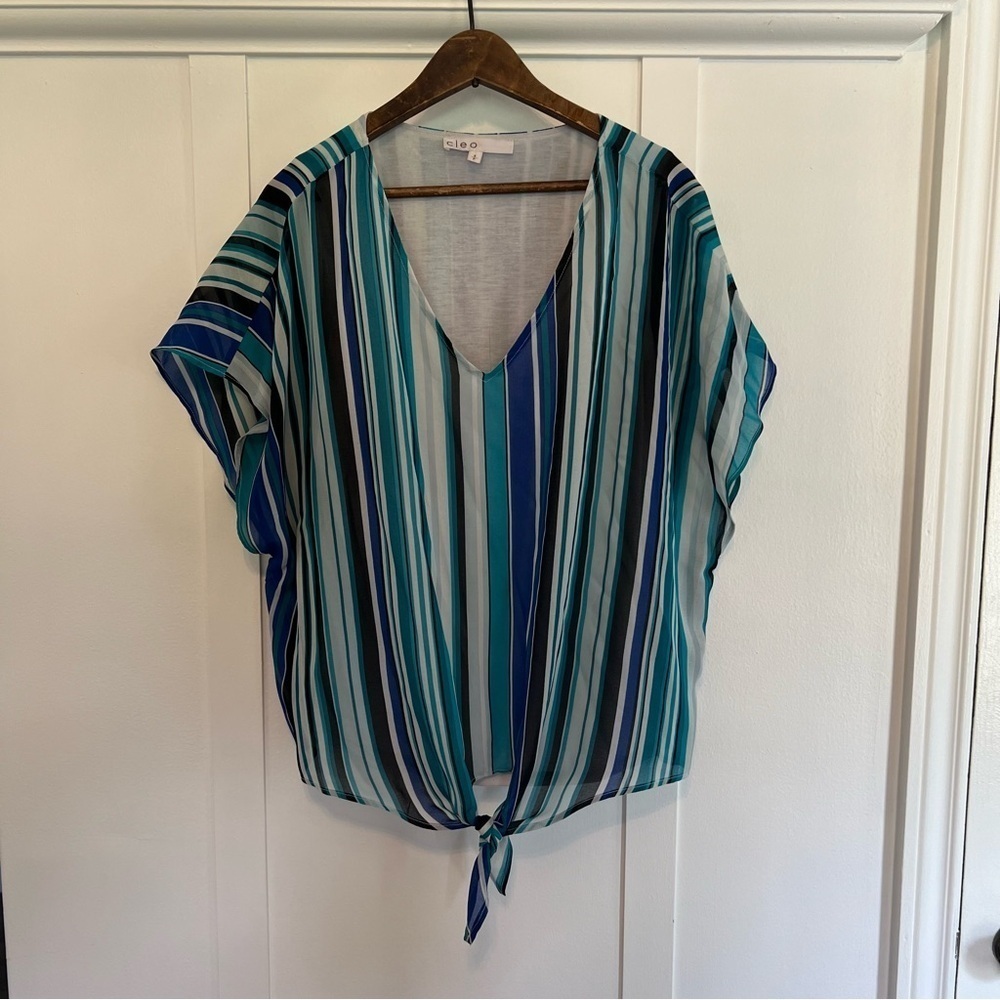Cleo Women’s Small Blue Striped Summer Blouse Tee - Picture 4 of 8